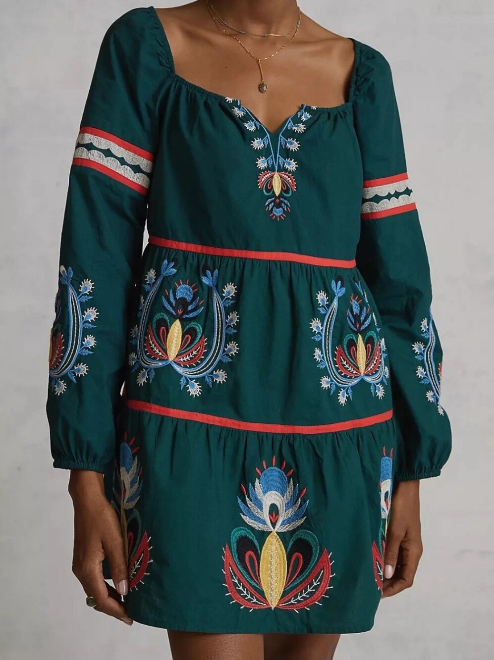 Anthropologie Let Me Be Embroidered Tunic Dress Tierd Green Boho Peasant M
